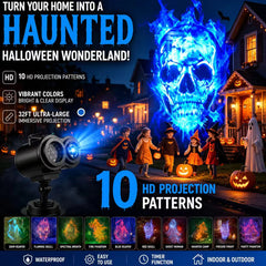 Haunted yard projector light throwing a blue flaming skull up to 32 feet wide across the front of a house at Halloween