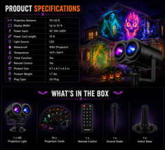 Product specification card for the projector and what is in the box: the light, ten scene cards, a remote control, a ground stake and an indoor base