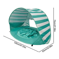 The green striped baby beach tent on a plain background with its size marked out: about 47.2 in long, 32.7 in wide and 27.6 in high