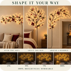 Christmas willow branch lights shaped over a sofa, above a bed and around a doorway, with 25, 50, 75 and 100 percent brightness levels