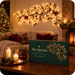 Christmas willow branch lights on a coffee table beside candles, pine cones and a tree, with the gift box they arrive in