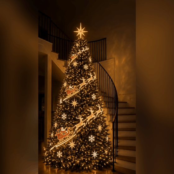 Animated picture: the same sleigh design in motion, with the reindeer and sleds moving down the tree and the snowflakes sparkling