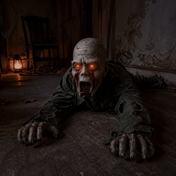 Animated picture: a slow push-in on the face of the crawling zombie in a dark room while the red glow at the eyes pulses