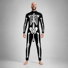 Classic black skeleton bodysuit one-piece with full white bone print, front view