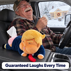 Passengers laughing at headrest tissue holder in car