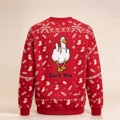 Duck You Christmas crewneck sweatshirt in candy red - funny goose graphic centered on the back
