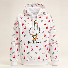 Duck You Christmas hoodie in snow white - all-over fair isle print with kangaroo pocket, front view