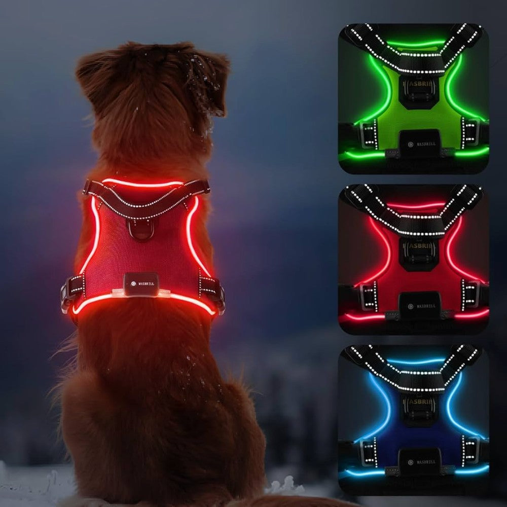 LED dog harness size chart - S M L measurements and fit guide
