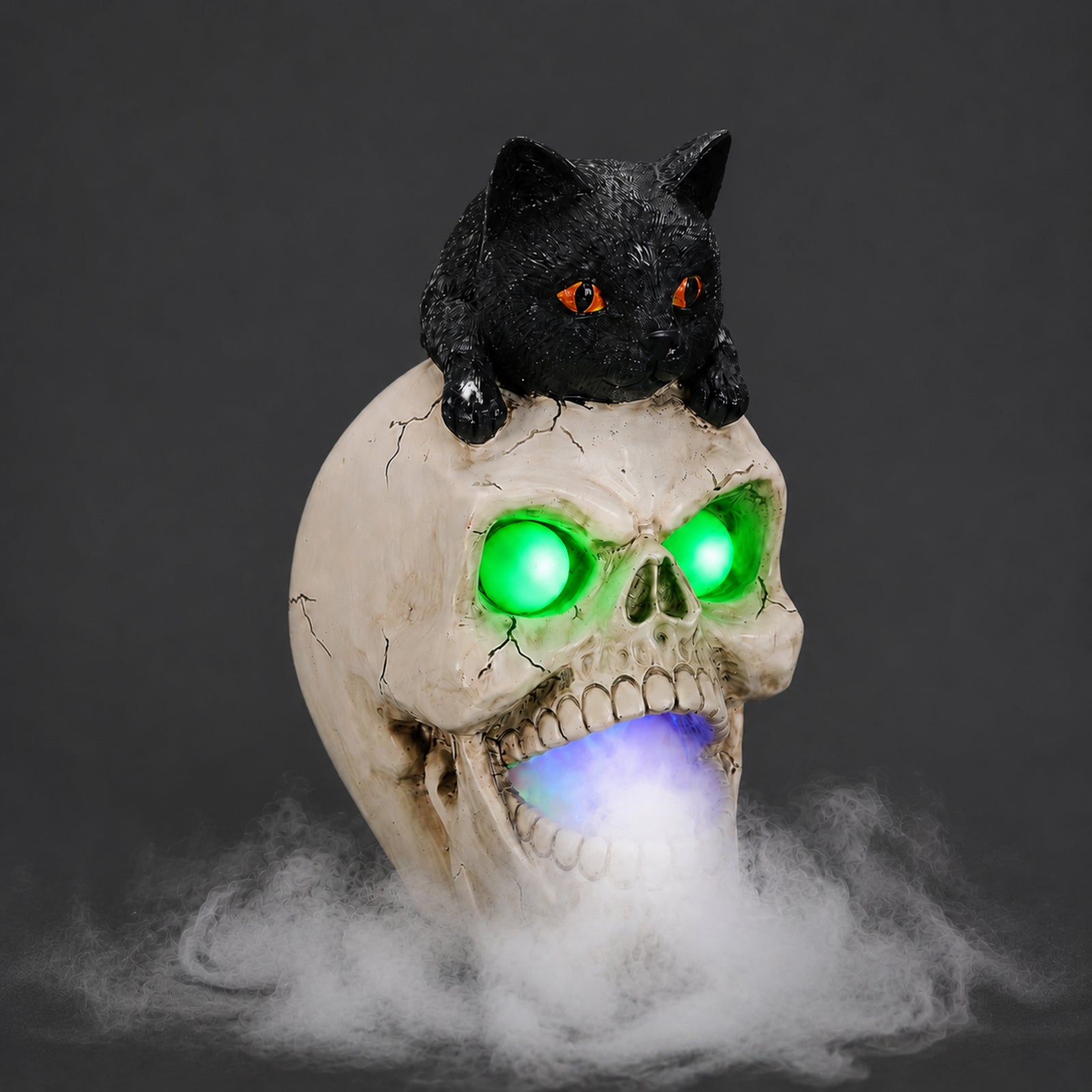 Black cat skull resin figure on a dark background, side view, with the mist spread across the surface below it