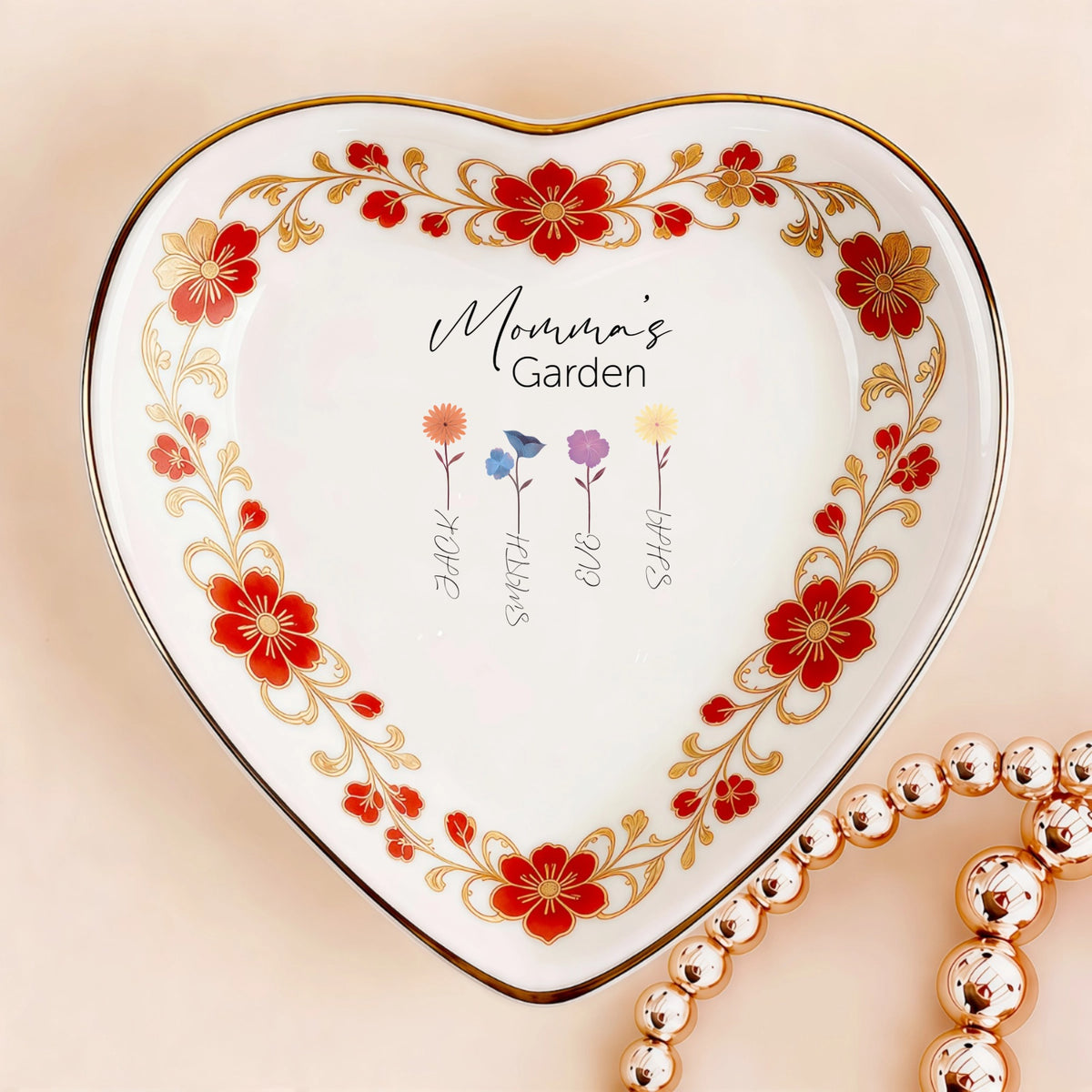 Custom  Photo Ceramic Trinket Tray with Elegant Red Floral Vine Border-Mom's garden