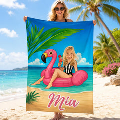 Custom Face Flamingo Beach Towel, Personalized Bachelorette Gift,