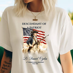 Custom Descendant of a Patriot T-shirt, American Revolutionary War Ancestry Heritage Family Name Tee