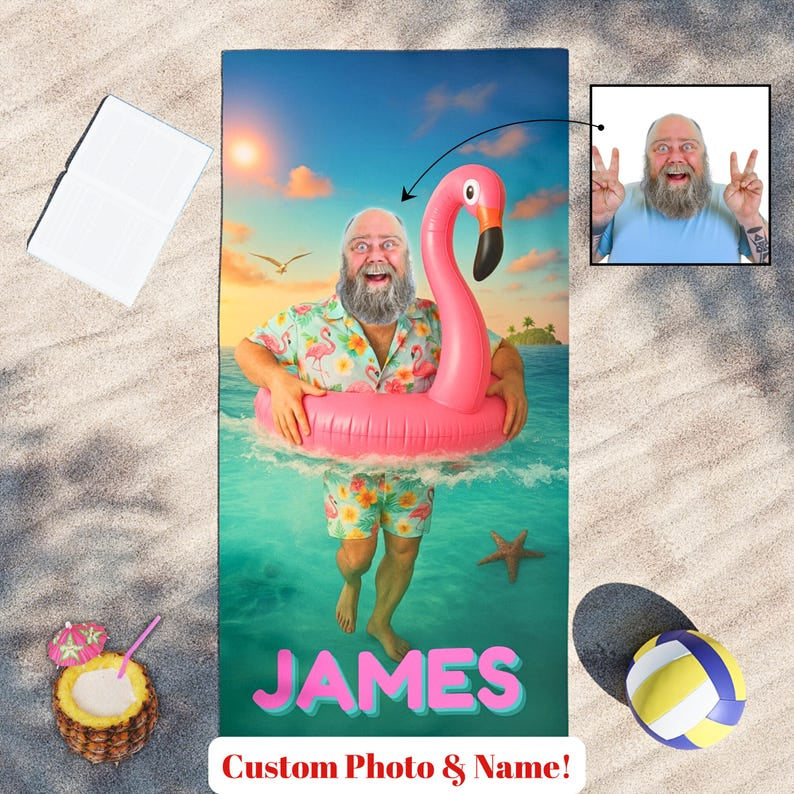 Personalized Funny Flamingo Beach Towel with Custom Face & Name, Pool Towel Vacation Gift.