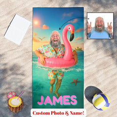 Personalized Funny Flamingo Beach Towel with Custom Face & Name, Pool Towel Vacation Gift.