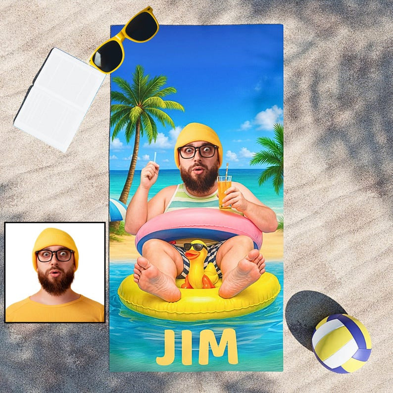 Personalized Beach Towel with Face and Name, Funny Pool Float Vacation Gift, Birthday Gift .