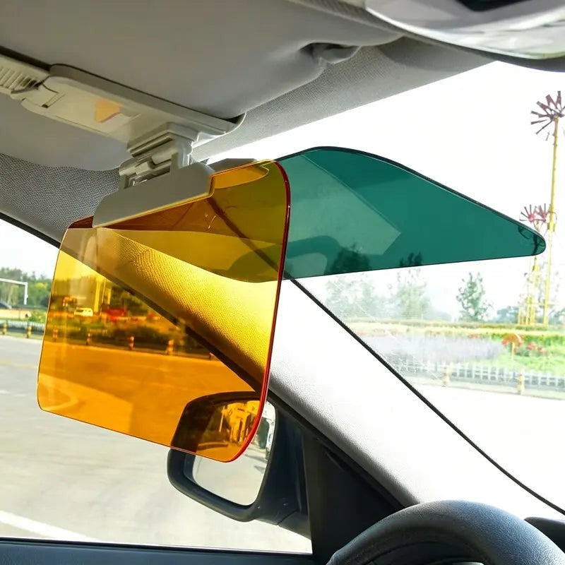 2-in-1 Day & Night Anti-Glare Car Sun Visor - Universal Clip-On Adjustable Shield with Dark + Amber Panels, 180° Rotating Telescopic Glare Guard for Low Sun & Oncoming Headlights, Tool-Free Safety Visor Extension Fits Most Cars, Trucks & SUVs