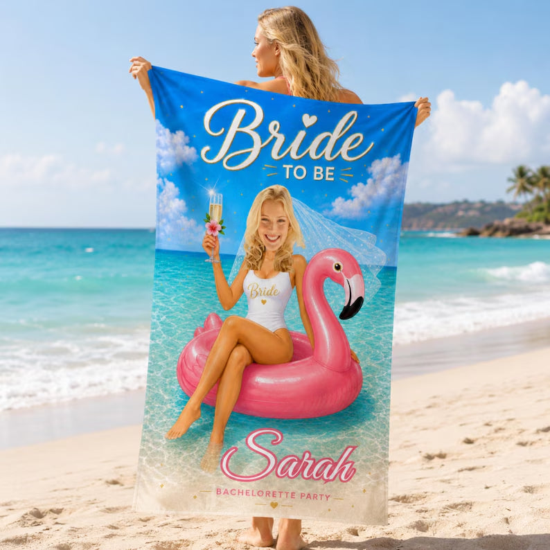 Bridal Beach Towel Custom Face, Bride to Be Bachelorette Party Gift, Future Mrs Photo.