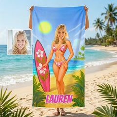 Custom Girls Beach Towel, Personalized Face Photo Gift, Bachelorette Pool Towel, Funny Gifts.