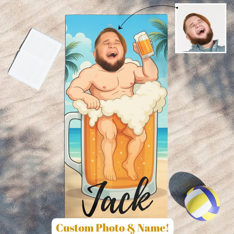 Personalized Beer Mug Beach Towel with Custom Face and Name, Funny Summer Pool Gift.