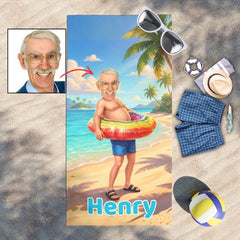Personalized Funny Beach Towel with Face & Name, Custom Grandpa Gift, Funny Bath Towels.