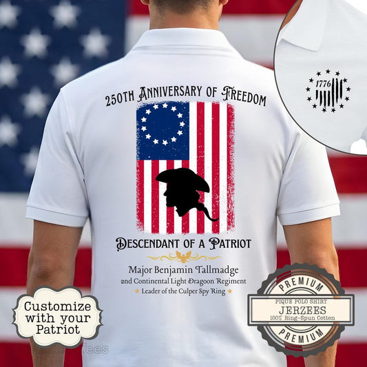 Custom Descendant of a Patriot Polo Shirt, 250th Anniversary of Freedom 1776 Men's Back Print Tee