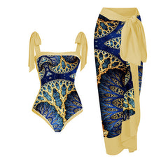 Luxury Blue & Gold Leaf Print Swimsuit with Wrap Skirt