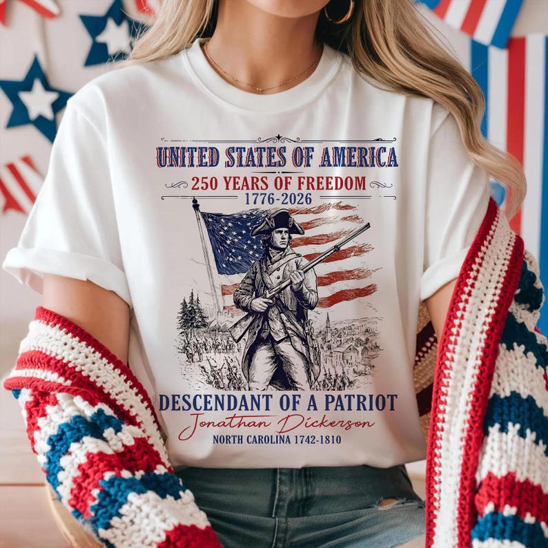 Custom Descendant of a Patriot Shirt, Personalized Revolutionary War Ancestry Tee, 1776-2026 USA 250th Anniversary, Genealogy Heritage Gift