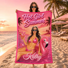 Custom Face Flamingo Beach Towel, Personalized Bachelorette Gift, Gag Gifts.