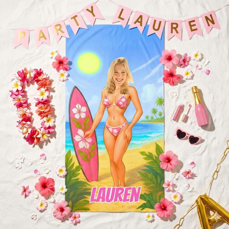 Custom Girls Beach Towel, Personalized Face Photo Gift, Bachelorette Pool Towel, Funny Gifts.