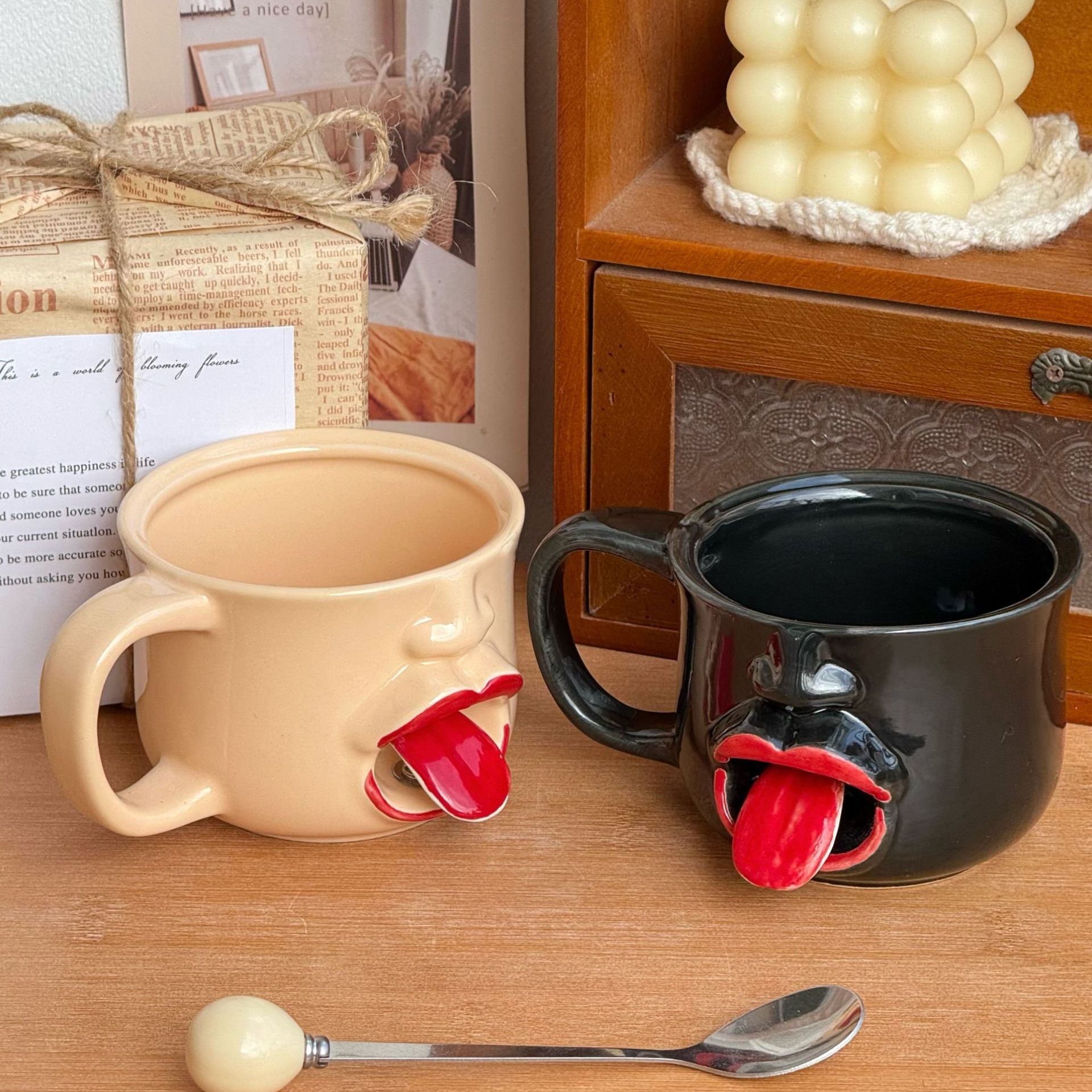 Weirdly shaped cup with a tongue sticking out - ceramic mug. A funny and amusing gift for pranks.