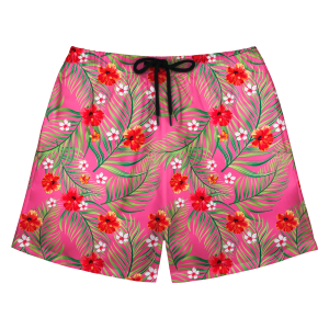 Custom Photo Hawaiian Shorts – Personalized Red Hibiscus & Jungle Leaf Swim Trunks – Unique DIY Aloha Party Beachwear