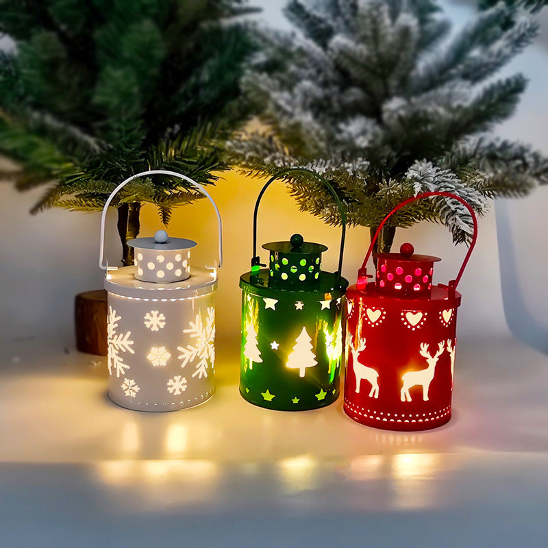 Christmas Mini Metal LED Lantern, Hollow Snowflake Reindeer Tree Pattern, Portable Hanging Night Light, Xmas Tabletop Decor for Home, Party, Holiday Decoration