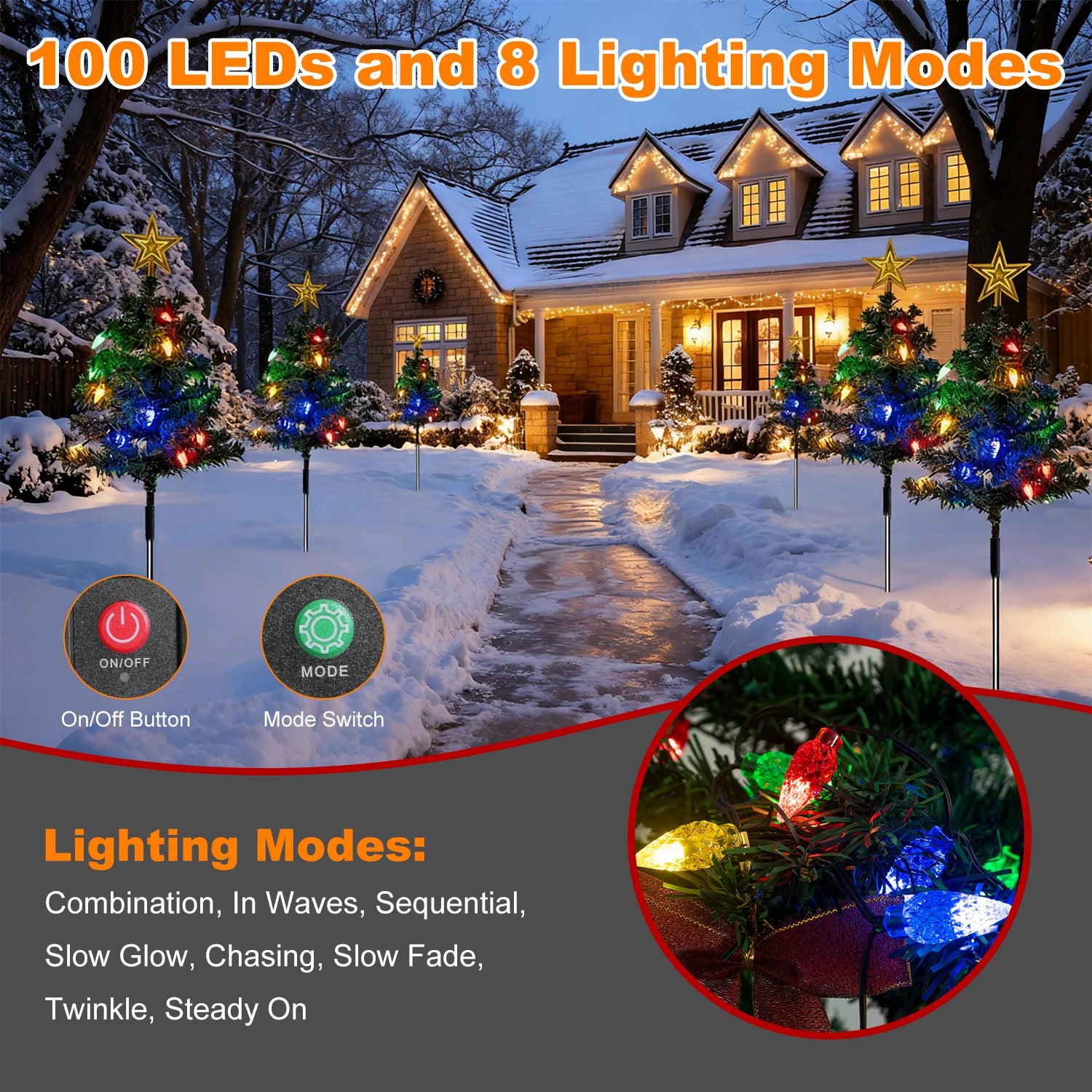 2Pack 37.4in Height Solar Christmas Tree With 100 Colorful LED Beads 8 Lighting Modes For Xmas Decoration IP44 Waterproof Outdoor Pathway Stake Light