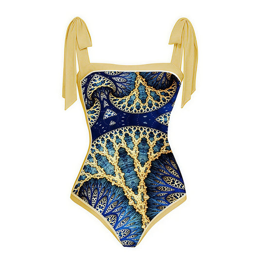 Luxury Blue & Gold Leaf Print Swimsuit with Wrap Skirt
