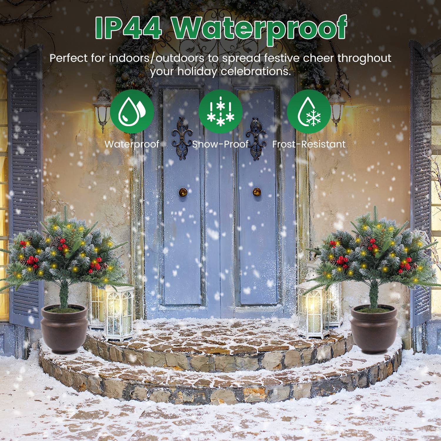 2Pcs Christmas Tree Urn Filler With Light Artificial Lighted Xmas Trees Light with Cones Berries Holiday Planter Filler LED Pathway Pine Tree IP44 Wat