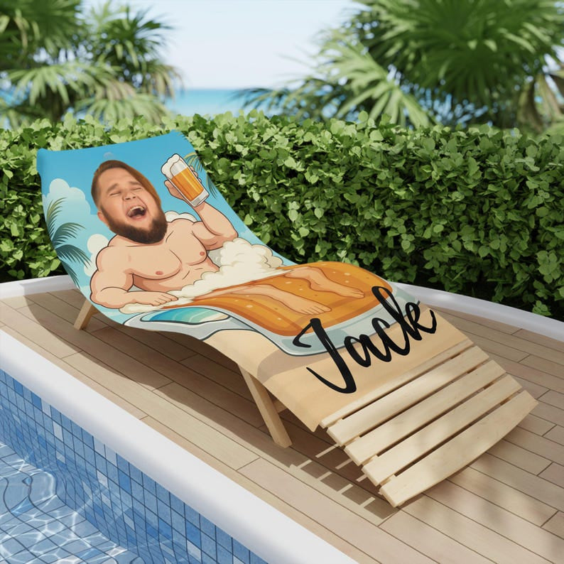 Personalized Beer Mug Beach Towel with Custom Face and Name, Funny Summer Pool Gift.