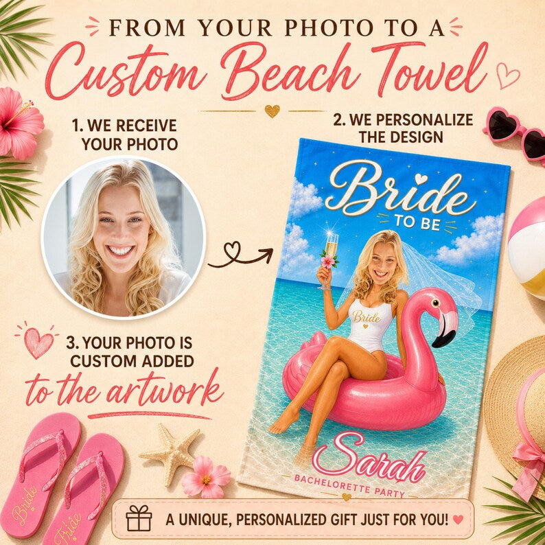 Bridal Beach Towel Custom Face, Bride to Be Bachelorette Party Gift, Future Mrs Photo.