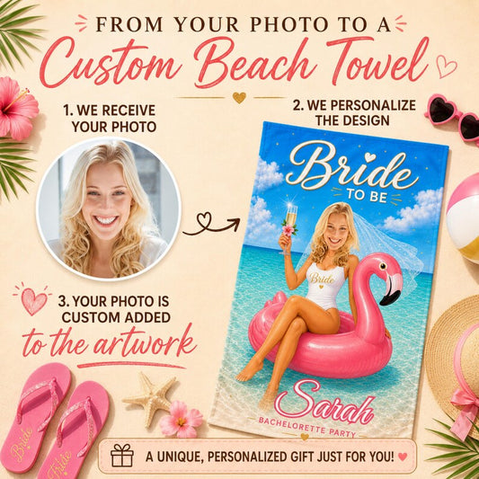 Bridal Beach Towel Custom Face, Bride to Be Bachelorette Party Gift, Future Mrs Photo.