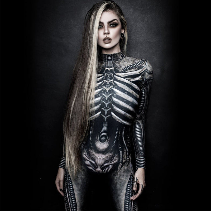 Halloween women's cosplay jumpsuit with human bone print and gothic style for costume party