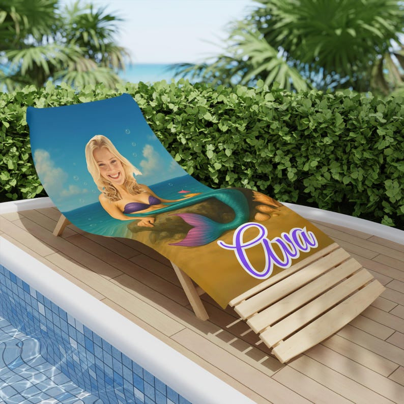Personalized Mermaid Beach Towel, Custom Face & Name Beach Towel for Her/Girlfriend/Wife,Cute Mermaid Pool Towel, Custom Marine Beach Towel.