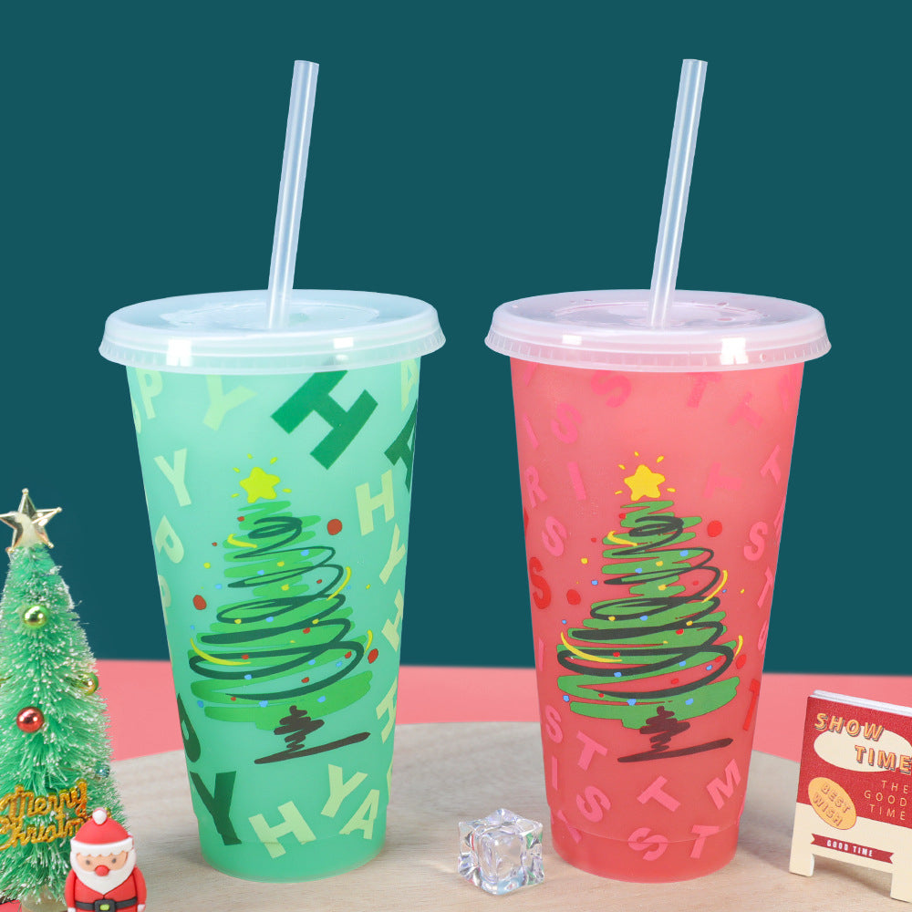 Christmas Color Changing Plastic Tumbler with Lid and Straw, 24oz Reusable Cold Cup, Christmas Tree Pattern Color Change Cup for Holiday Party, Xmas Gift for Family Friends