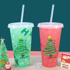 Christmas Color Changing Plastic Tumbler with Lid and Straw, 24oz Reusable Cold Cup, Christmas Tree Pattern Color Change Cup for Holiday Party, Xmas Gift for Family Friends