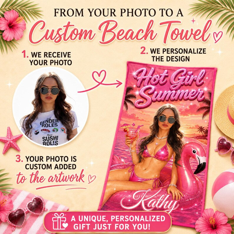 Custom Face Flamingo Beach Towel, Personalized Bachelorette Gift, Gag Gifts.