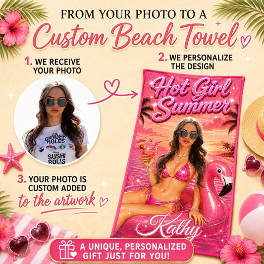Custom Face Flamingo Beach Towel, Personalized Bachelorette Gift, Gag Gifts.