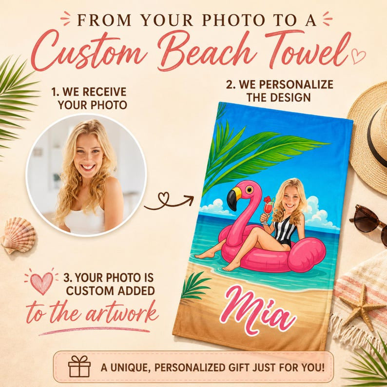Custom Face Flamingo Beach Towel, Personalized Bachelorette Gift,