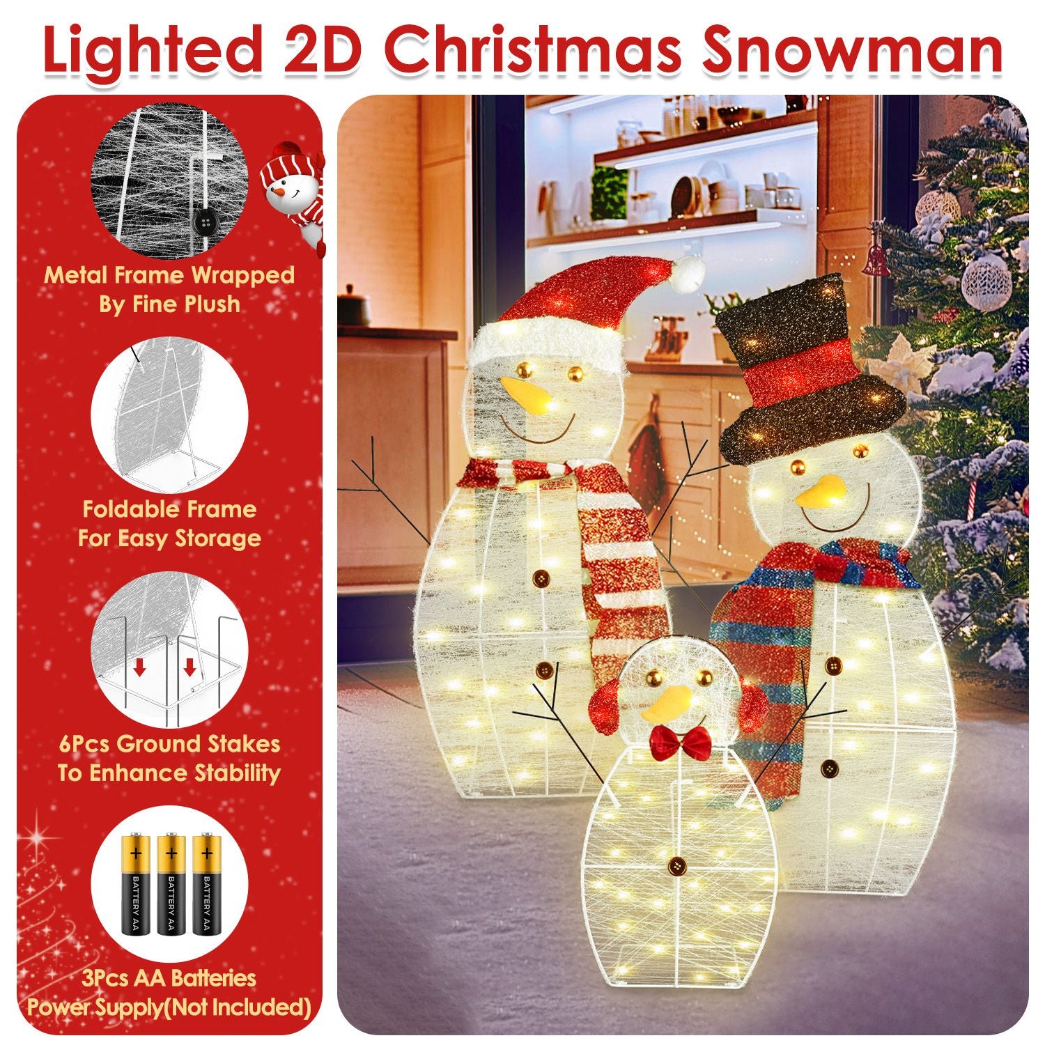 3Pcs 2D Christmas Snowman Yard Decoration Snowman Family Outdoor Decoration With 90Pcs LED Warm Yellow Lights 8 Lighting Modes IP44 Waterproof For Chr