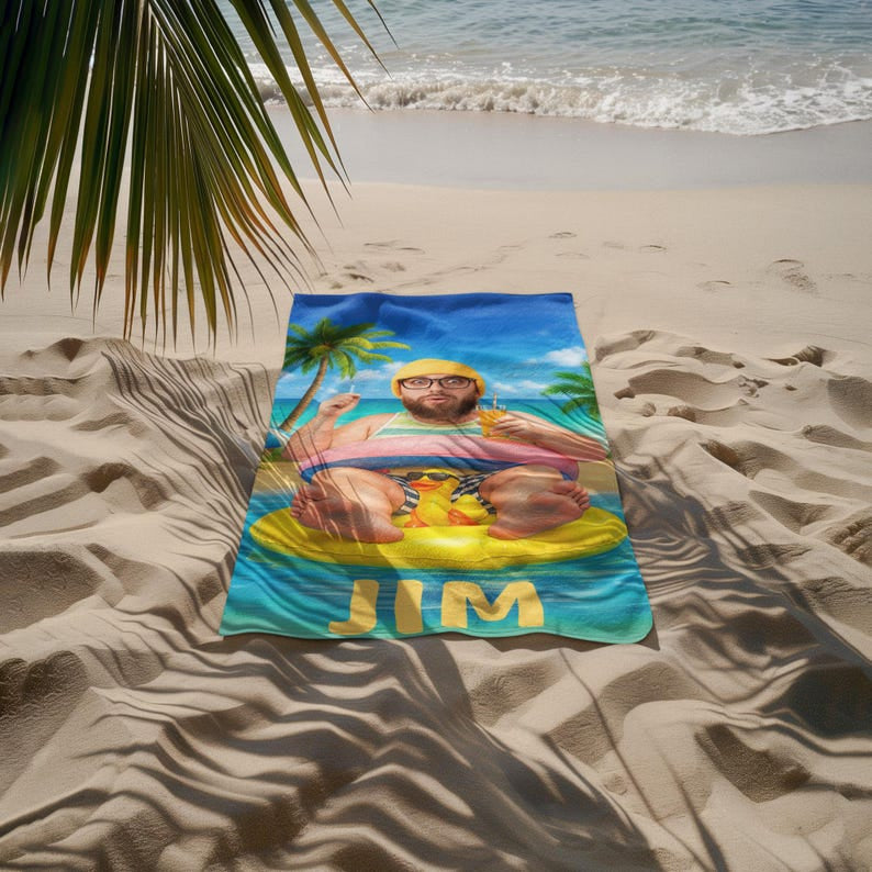 Personalized Beach Towel with Face and Name, Funny Pool Float Vacation Gift, Birthday Gift .