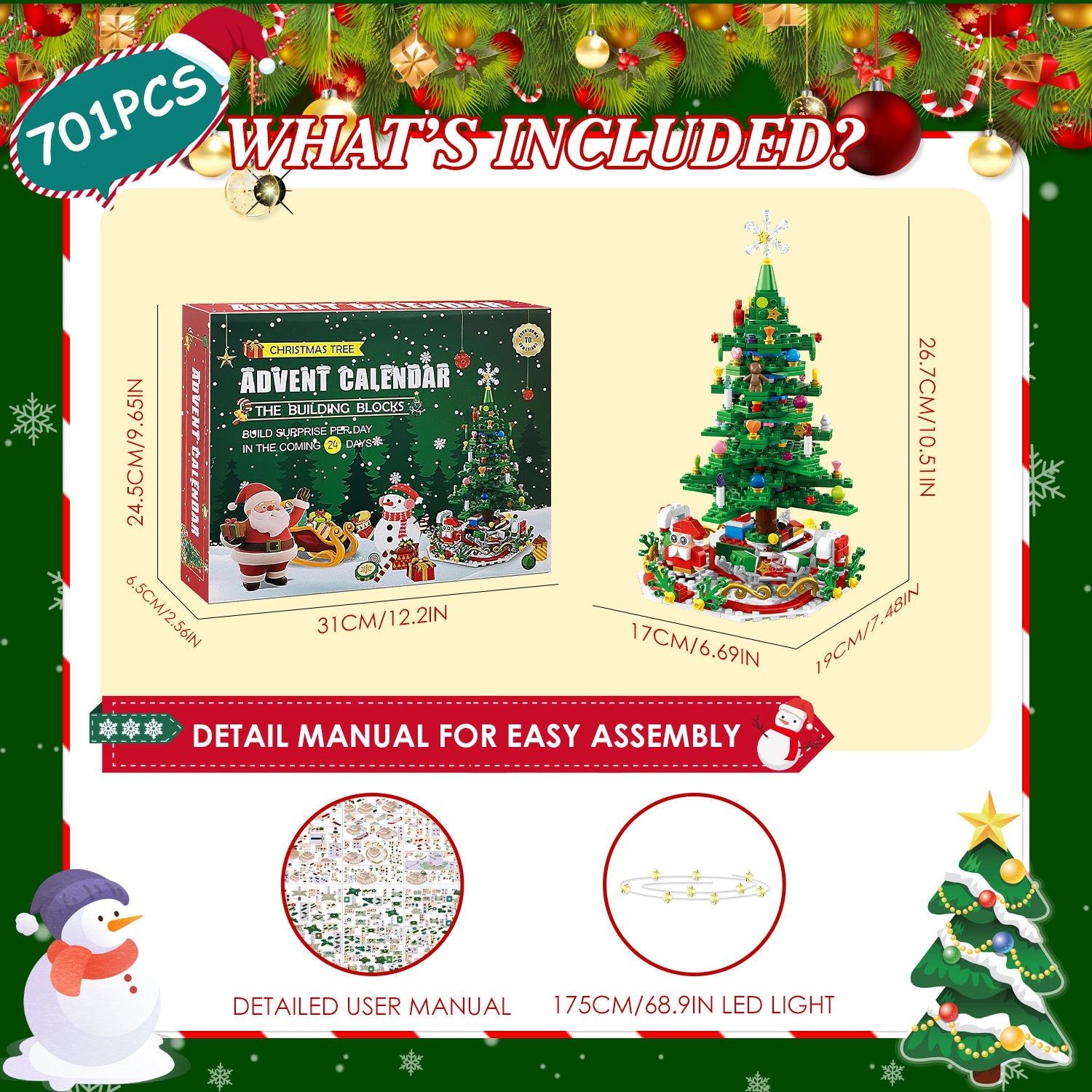 701-Piece Christmas Tree Advent Calendar Building Blocks – Build-a-Day Countdown Toy with Festive Glowing Lights, 24 Daily Surprises & Mini Figures, Holiday Tabletop Decor & Gift for Kids & Adults