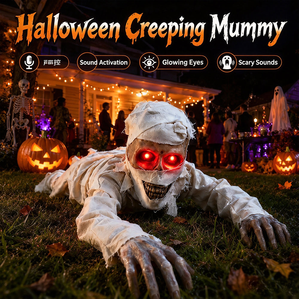 Halloween crawling mummy, an interactive prop with red glowing eyes and terrifying sounds, suitable for outdoor courtyard haunted house decoration
