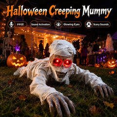 Halloween crawling mummy, an interactive prop with red glowing eyes and terrifying sounds, suitable for outdoor courtyard haunted house decoration